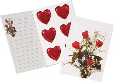 Produktbild von Grußkarte "Rosenmotiv" 54 g / Schokolade Herzen / Valentinstag / Muttertag