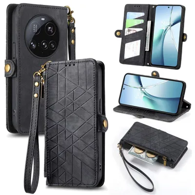 Produktbild von Für Xiaomi 15 Ultra Geometric Design Kunstleder Zipper Book Wallet Tasche mit Schlaufe Schwarz