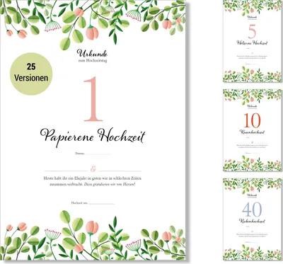 Immagine prodotto di Frank Paperman® | regalo per il 1° anniversario di matrimonio | carta per l'anniversario di matrimonio |  per l'anniversario di matrimonio | floreale | prestampato in formato DIN A4