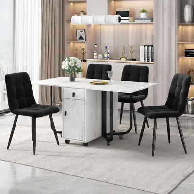 Obrázok produktu pre Jedálenský set Fortuna Lai (sada, jedálenský stôl 150 × 80 × 76 cm so 4 stoličkami), skladací kuchynský stôl, zamatové jedálenské stoličky, čalúnená stolička, dizajnová stolička s operadlom, doska stola z MDF v bielej farbe, čierne nohy stola