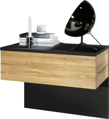 Produktbild von Vladon Nachttisch Sleep,  Germany, Nachttischschrank mit Schublade zur Wandmontage, Schwarz matt/Eiche Natur (60 x 46 x 35 cm)