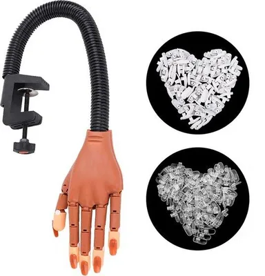 Image de Unyqoos® : Main d'entraînement professionnelle pour ongles en acrylique – Main d'entraînement flexible et réglable pour ongles, fabriquée en ABS avec un manche en acier inoxydable, comprenant 200 conseils d'ongles blancs/transparents