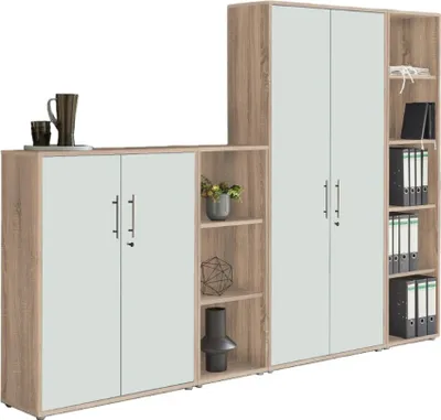 Produktbild von Aktenschrank TABOR 4 in Eiche Sonoma / weiß matt, Schrankwand, Büroschrank, abschließbar, Metallgriffe