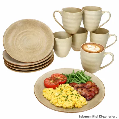Produktbild von CLAY BEIGE 12tlg Frühstücksset Steingut 6 Personen Teller klein Becher