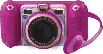 A pink VTech Kidizoom Duo Pro camera with headphones attached.