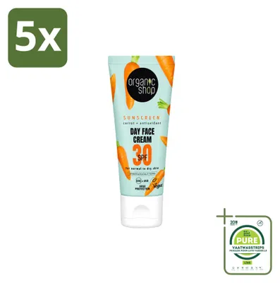 Zdjęcie produktu dla 5 sztuk kremu do twarzy z filtrem SPF 30, przeznaczonego do skóry normalnej i suchej, marki Organic Shop, pojemność 50 ml, opakowanie zbiorcze