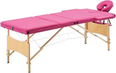 Obrázok produktu pre Sklopná masážna lavička s drevenou konštrukciou, 3 zóny, 30 mm výplň, nastaviteľná výška od 59 do 81 cm, prepravná taška, vhodná na masáže, wellness, fyzioterapiu, do ordinácie, salónu alebo spa, ružová farba