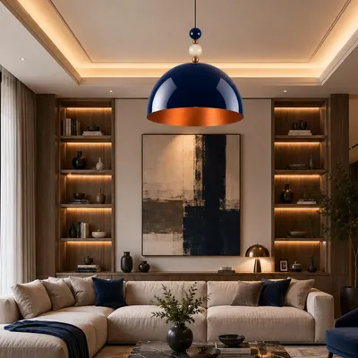 Produktbild von Opviq, Moderne Pendelleuchte Navy Blau, Metallkörper, Ø60 H:30 cm | 100% Melamin