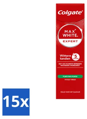 Imagen del producto de 15 unidades de pasta dental Colgate Max White Expert Purifying Power, blanqueadora, de 75 ml. Paquete económico