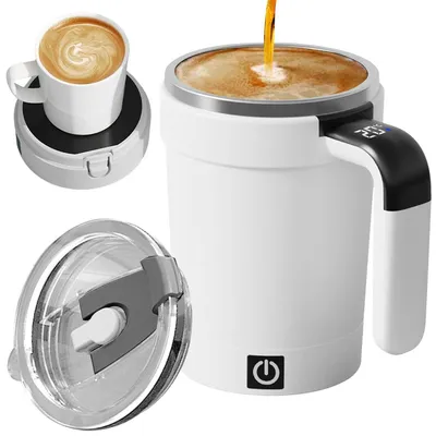 A collage of images showing a self-stirring mug, its lid, and a smaller mug on a warmer.