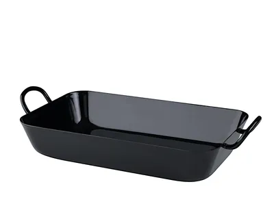 A black roasting pan with handles, shown from a diagonal angle against a white background.