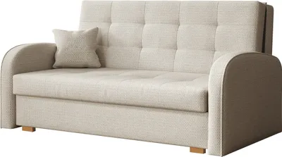 A studio shot of a beige sofa with a single throw pillow.