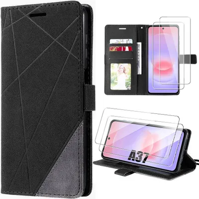 Image de Coque + 2 Verres Trempés pour Samsung Galaxy A37 5G, Protection Antichoc Anti-Rayures CuirPolyuréthaneNoir
