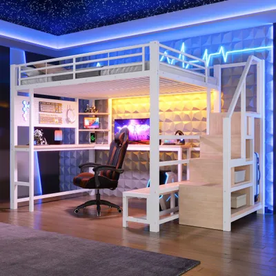 Productafbeelding van Multifunctioneel hoogslaper met bureau, LED-verlichting, USB- en USB-C-aansluitingen, prikbord, planken en een open kast, zonder matras, wit, 140 x 200 cm