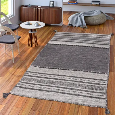 Produktbild von TT Home Handwebteppich Wohnzimmer Natur Webteppich Kelim Modern Baumwolle Streifen Grau Größe 200x290 cm