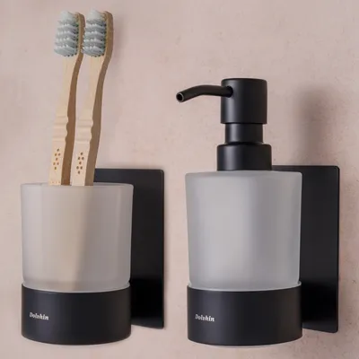 Produktbild von Dolvhin Seifenspender und Zahnputzbecher Set ohne Bohren | 250ml Milchglas Handseifenspender & Zahnbecher | Edelstahl Wandhalterung | Schwarz Matt
