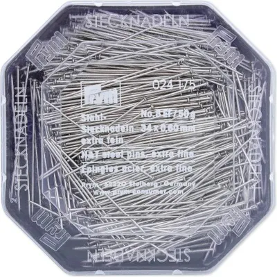Obrázok produktu pre Špendlíky, 0,60 x 34 mm, strieborné farby, 50 g, plastová krabička