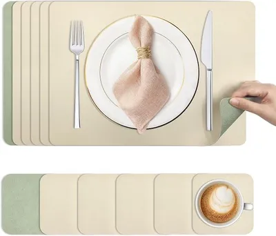 Produktbild von PolkaHome® Platzsets 6er Set 43x30cm, doppelseitig, abwischbar, hitzebeständig, rutschfest, PVC Kunstleder, hellgrün & beige