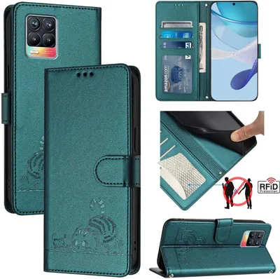 Produktbild von Leder Hülle für Realme 8 / Realme 8 Pro 4G Süße Katze Flip Case Brieftasche Schutzhülle mit Standfunktion Grün