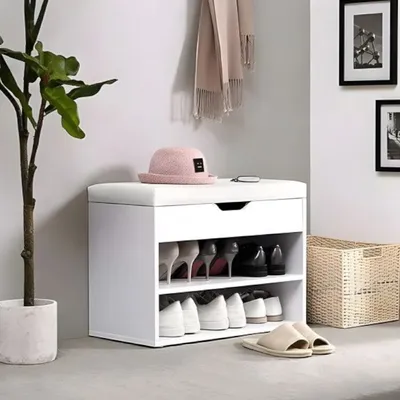Obrázek produktu pro Botník s polštářem na sezení 60 x 47 x 30 cm, lavice s úložným prostorem bílá, 3 otevřené přihrádky, botník, multifunkční a praktický