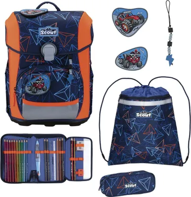 Produktbild von Scout Neo Din Schulrucksack Set Blau/Orange/Grau 38 x 30 x 27