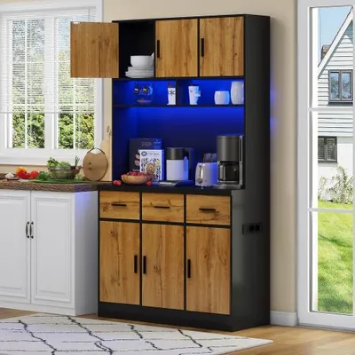 Produktbild von AIORBER Küchenschrank Buffetschrank Highboard mit LED Steuerung Steckdosen USB Verstellbare Regale 3 Schubladen 100x40x180cm Schwarz + Natur