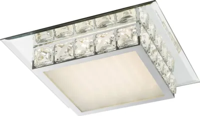 Produktbild von Globo Lighting Deckenleuchte Metall verchromt, Glas opal, K5 Kristalle klar, Spiegelrand, LxBxH: 250x250x70mm, inkl. LED 12W 230V, 1500lm Source, 720lm Output, 4000K