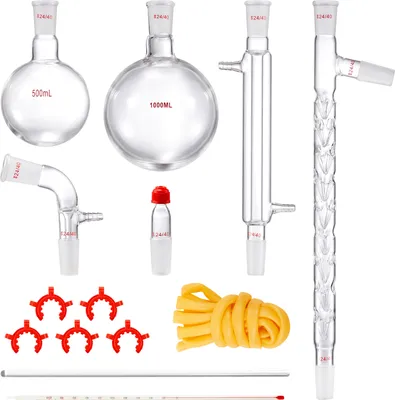 A collection of laboratory glassware and accessories arranged on a white background.