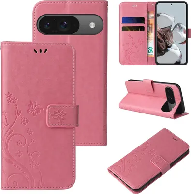 Produktbild von Handyhülle für Google Pixel 9 / 9 Pro Floral Blumen Schmetterling Flip Cover Hülle Case Klapphülle Handytasche Farbe: Rosegold