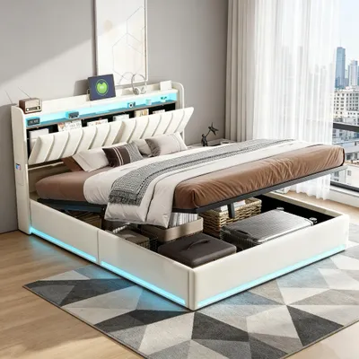 Obrázok produktu pre INONEFT čalúnená posteľ 160 x 200 cm, dvojlôžko s LED osvetlením a USB portom, hydraulická posteľ s úložným priestorom, rošt, zamat, béžová