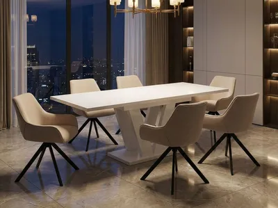 Produktbild von ENDO-Möbel Essgruppe "Lara White" - Esstisch ausziehbar 130-210cm in Weiss Hochglanz für 6 Personen mit Stühlen in Leinen-Beige