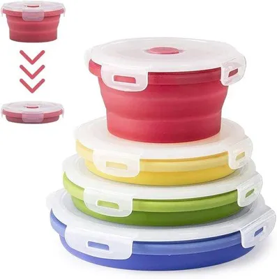 Image de Boîte à riz en silicone - Récipients alimentaires portables - Lot de 4 - Forme ronde