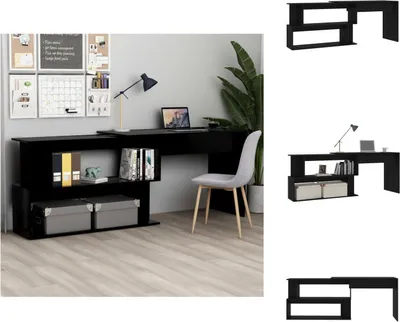 A collage of images showing a black corner desk from different angles and in a room setting.