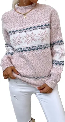 Produktbild von ASKSA Damen Weihnachten Pullover Strickpulli Hohem Kragen Langarm Jumper Sweater, A Rosa, L