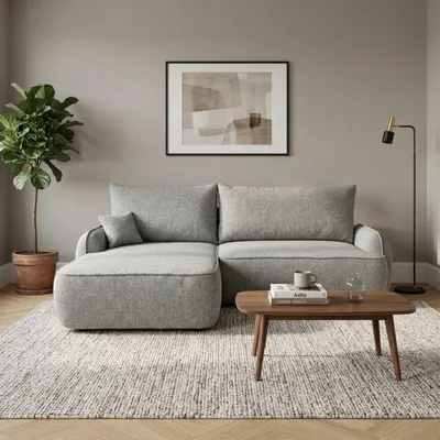 Produktbild von Ecksofa OVELLA L-Form mit Schlaffunktion, DL-Automat und Bettkasten – moderne Schlafcouch mit Stauraum für Wohnzimmer Eckcouch Hellgrau Links