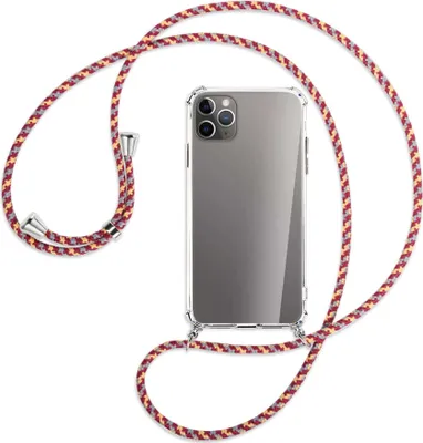 Produktbild von Handykette Backcover-Schutzhülle mit Band (Metall silberfarben) für Apple iPhone 11 Pro Max - weinrot/gelb/grau