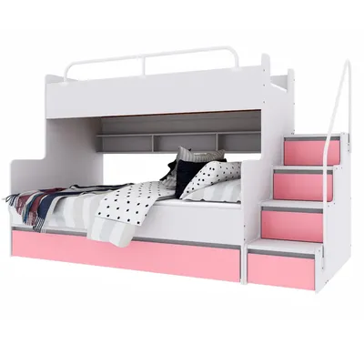 Produktbild von Marlux-Meble Hochbett Kinderbett JSM-3 mit Treppe 80x190 + 120x190 Matt Kinderbetten Funktionsbett Etagenbett Stockbett Kinderhochbett Jugendhochbett (Rosa Matt)