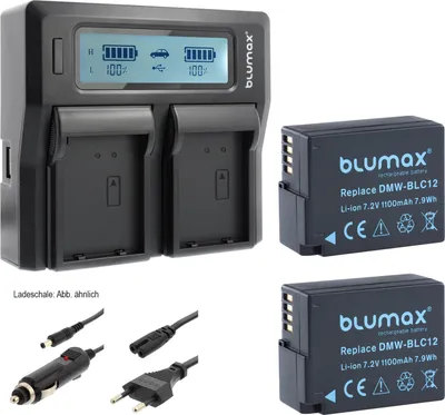 Produktbild von 2x Akku + Lader für Panasonic DMW-BLC12 DMC-FZ1000  FZ2000 GH2 G5  1100 mAh