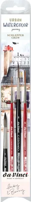A product packaging for a watercolor brush set, featuring an illustration of Parisian architecture and the brushes themselves.
