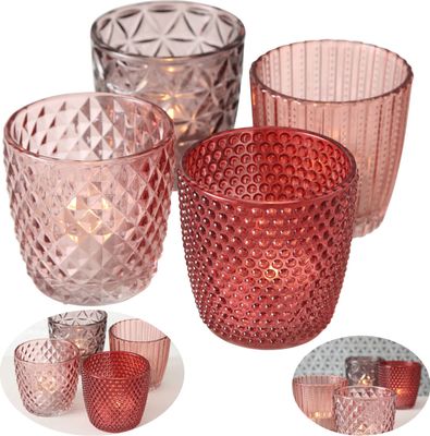 LS-LebenStil 4´er Set Glas Teelichthalter Retro Rosa Rose 7cm Teelichtglas Windlichthalter Kerzenhalter Kerzenglas Kerzenständer für Teelichter