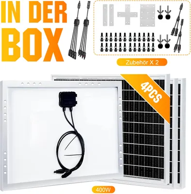 Produktbild von 400W 12V Solarpanel Monokristallin Solar Set für Photovoltaik Solarkabel Wohnwagen Camping Balkon Gartenhäuser Solarmodul