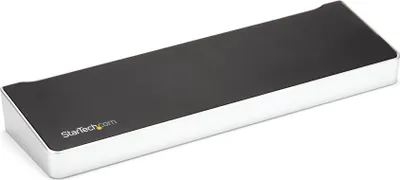 Produktbild von StarTech.com Triple Monitor 4K USB-C Dockingstation mit 5x USB 3.0 Ports, Verkabelt, USB 3.2 Gen 1 (3.1 Gen 1) Type-C, 3,5 mm, 10,100,1000 Mbit/s, IEEE 802.3,IEEE 802.3ab,IEEE 802.3u, Schwarz, Silber