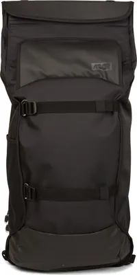 A black backpack is shown against a white background.