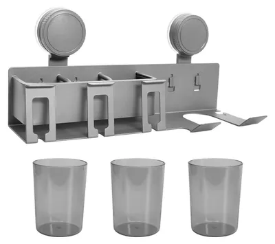 Produktbild von Zahnbürstenhalter Wand mit 3 Bechern & Föhnhalterung Grau Ohne Bohren Aluminium Kunststoff