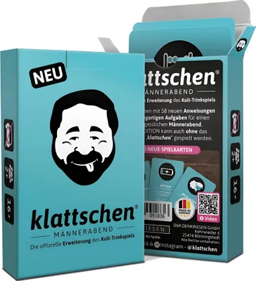 Produktbild von DENKRIESEN - klattschen® - Männerabend - SPIELKARTENKARTON "Das wahrscheinlich beste Trinkspiel aller Zeiten"