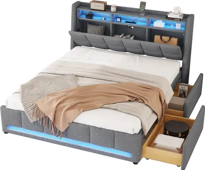 A modern upholstered bed with integrated storage and LED lighting.