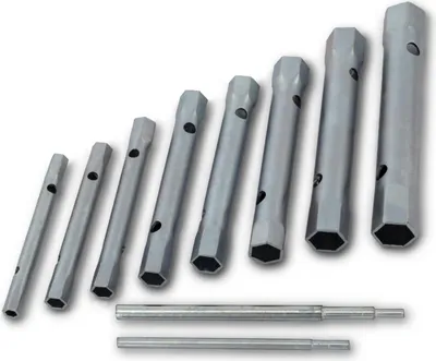 A set of silver-colored tube wrenches of varying sizes, arranged diagonally from smallest to largest, with two extension rods placed below them on a white background.