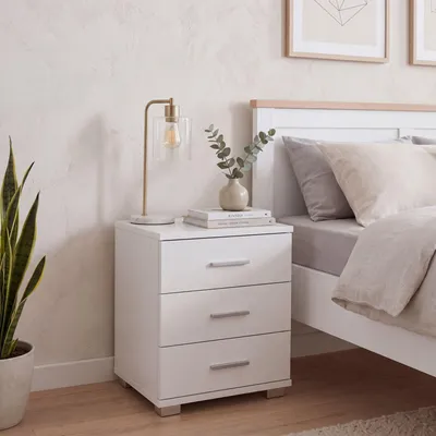 Produktbild von FineBuy Nachtkonsole LATINA mit 3 Schubladen Weiß in Holz Modern B x H x T: 45 cm x 54 cm x 34 cm Nachtkästchen mit Füßen Nako Nachttisch Kommode