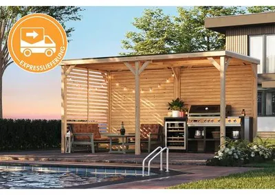 Produktbild von Pavillon Karibu Outdoorkitchen Gr. XXL inkl. Lamellenseitenwand, geschlossene Rückwand 453 x 231 cm natur