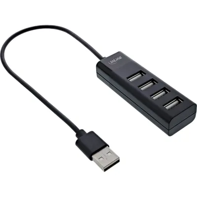 Produktbild von InLine USB 2.0 Hub, 4 Port, schwarz, mit USB DC Kabel, Kabel 30cm, schmal, USB 3.2 Gen 1 (3.1 Gen 1) Type-A, USB 2.0, 480 Mbit/s, Schwarz, Kunststoff, 25 mm